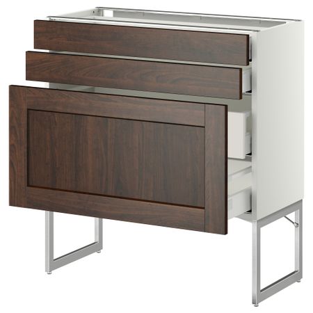 Напольный шкаф 3 фронтальных панели, 2 нижних, 2 средних ящика МЕТОД / МАКСИМЕРА, белый, Эдсерум коричневый