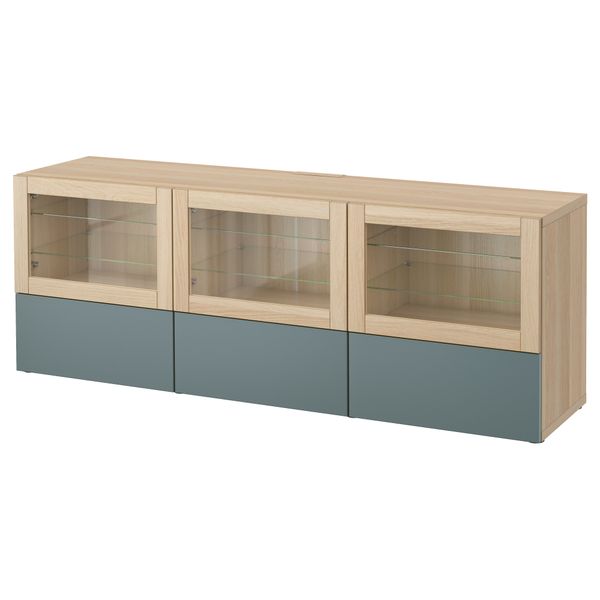 Тумба под ТВ, с дверцами и ящиками БЕСТО, под беленый дуб, Вальвикен серо-бирюзовый, прозрачное стекло (180x40x64 см) - фото 1