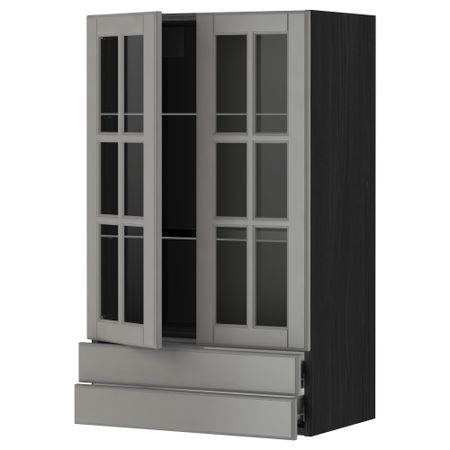 Навесной шкаф, 2 стеклянные дверцы, 2 ящика МЕТОД / ФОРВАРА, черный, Будбин серый