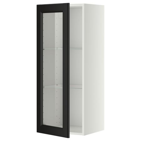 Навесной шкаф с полками, стекляными дверцы МЕТОД, белый, Лаксарби черно-коричневый