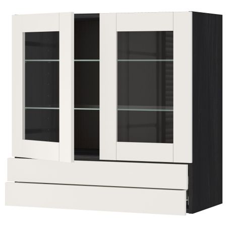 Навесной шкаф, 2 стеклянные дверцы, 2 ящика МЕТОД / ФОРВАРА, черный, Сэведаль белый