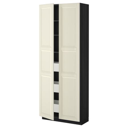 Высокий шкаф с ящиками, 2 дверцы МЕТОД / МАКСИМЕРА, черный, Будбин белый с оттенком (80x37x200 см)