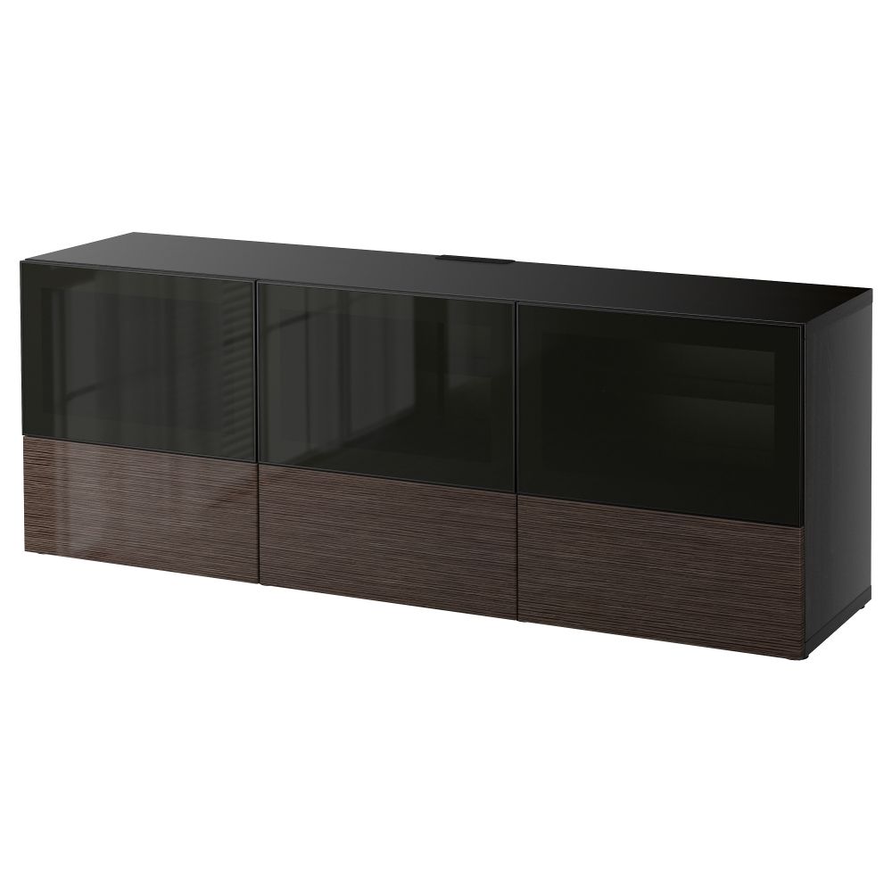 Тумба под ТВ, с дверцами и ящиками БЕСТО, черно-коричневый, Сельсвикен глянцевый/коричневый дымчат стекло (180x40x64 см) - фото 1