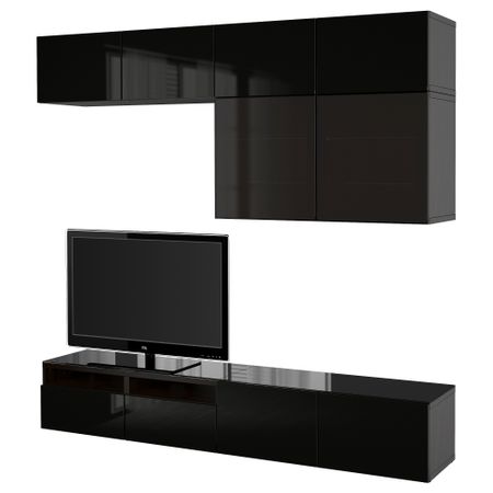 Шкаф для ТВ, комбинированный, стекляные дверцы БЕСТО, черно-коричневый, Сельсвикен глянцевый/черный дымчатое стекло (240x40x230