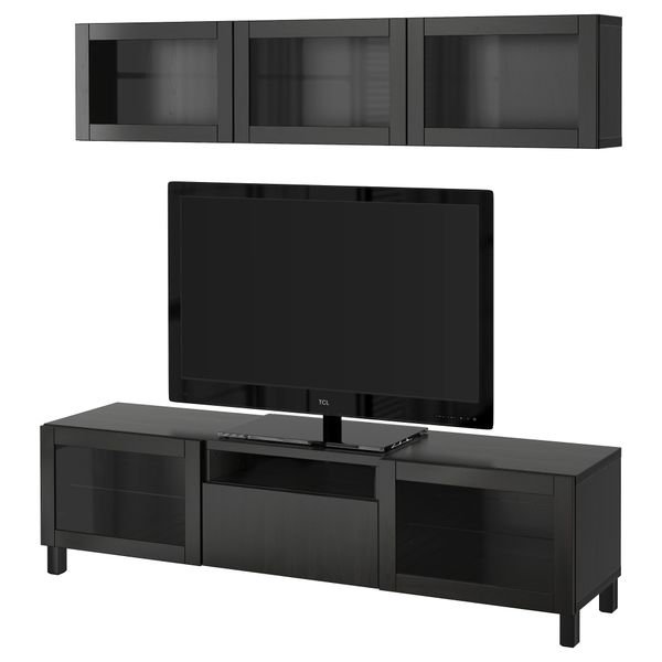 Шкаф для ТВ, комбинированный, стекляные дверцы БЕСТО, Лаппвикен, Синдвик черно-коричневый прозрачное стекло (180x20/40x166 см) - фото 1