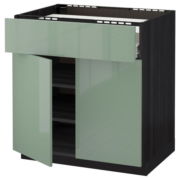 Напольный шкаф для варочной панели, ящик, полка, 2 дверцы МЕТОД / ФОРВАРА, черный, Калларп светло-зеленый (80x60 см) - фото 1