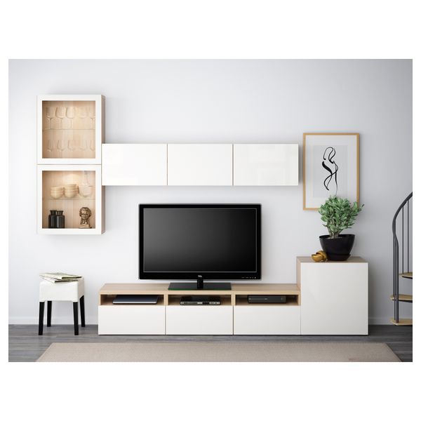 Шкаф для ТВ, комбинированный, стекляные дверцы БЕСТО, под беленый дуб, Сельсвикен глянцевый/белый прозрачное стекло - фото 2