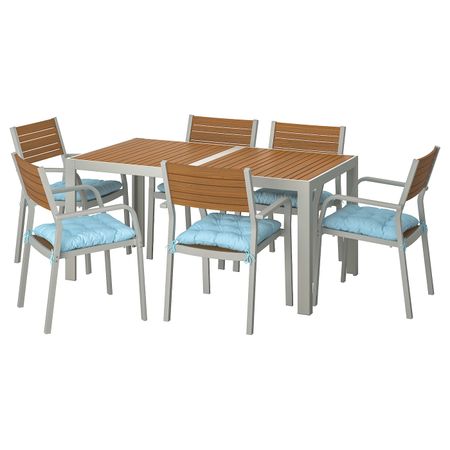 Стол + 6 кресел,д/сада, светло-коричневый/Куддарна голубой 156x90 см IKEA SJÄLLAND ШЭЛЛАНД 992.916.32