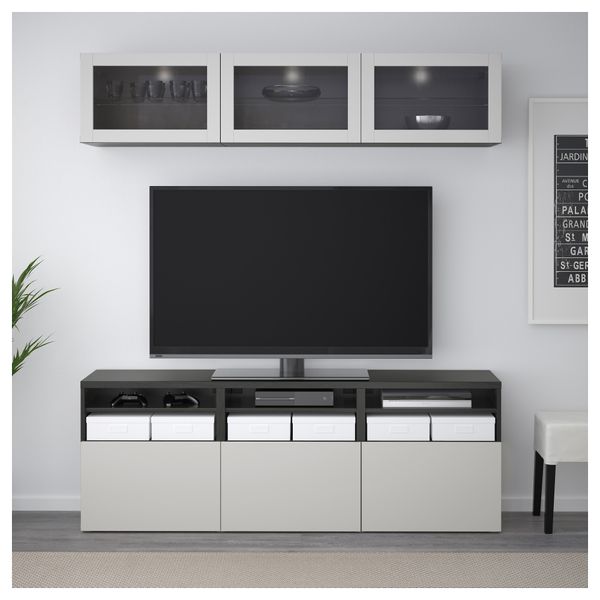 Шкаф для ТВ, комбинированный, стекляные дверцы БЕСТО, черно-коричневый Синдвик, Лаппвикен светло-серый прозрачное стекло - фото 2