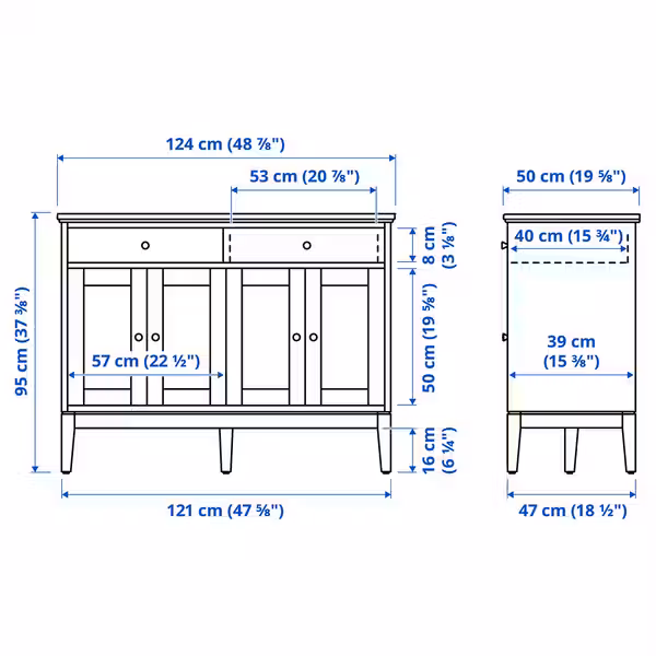 IDANÄS Сервант - белый 124x50x95 см - схема-чертеж с размерами