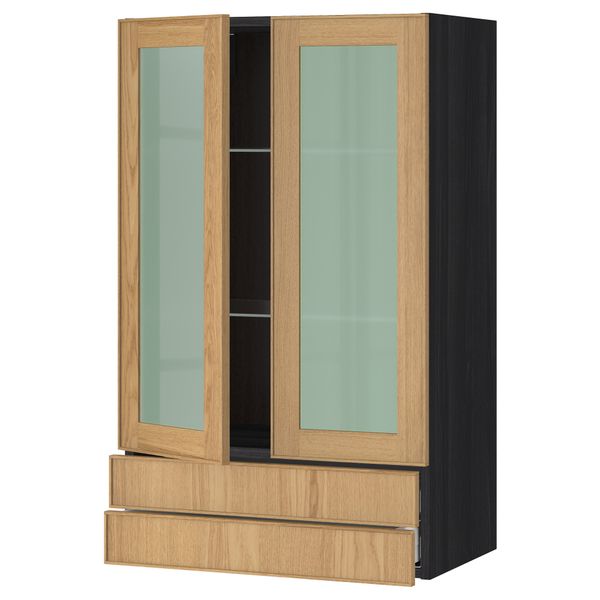 Навесной шкаф, 2 стеклянные дверцы, 2 ящика МЕТОД / МАКСИМЕРА, черный, Экестад дуб - схема-чертеж с размерами