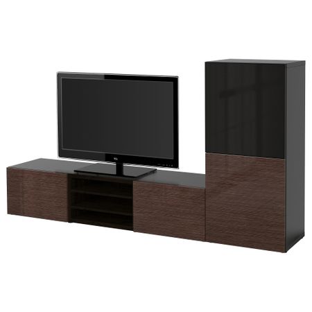 Шкаф для ТВ, комбинированный, стекляные дверцы БЕСТО, черно-коричневый, Сельсвикен глянцевый/коричневый дымчат стекло