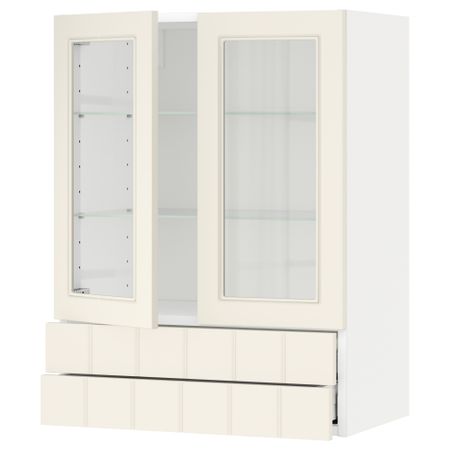 Навесной шкаф, 2 стеклянные дверцы, 2 ящика МЕТОД / МАКСИМЕРА, белый, Хитарп белый с оттенком
