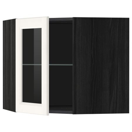 Угловой навесной шкаф с полками, стекляными дверцами МЕТОД, черный, Лаксарби белый