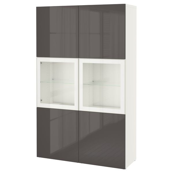 Комбинация для хранения со стеклянными дверцами БЕСТО, белый, Сельсвикен глянцевый/серый прозрачное стекло (120x40x192 см) - фото 1