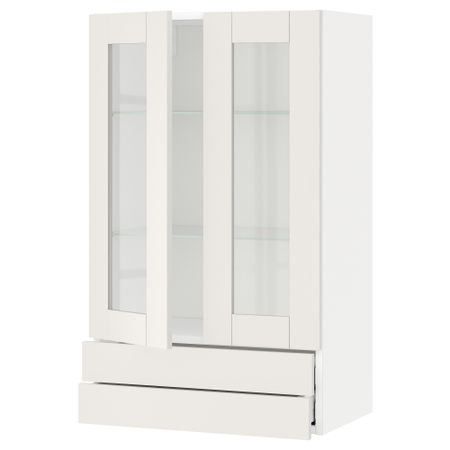 Навесной шкаф, 2 стеклянные дверцы, 2 ящика МЕТОД / МАКСИМЕРА, белый, Сэведаль белый