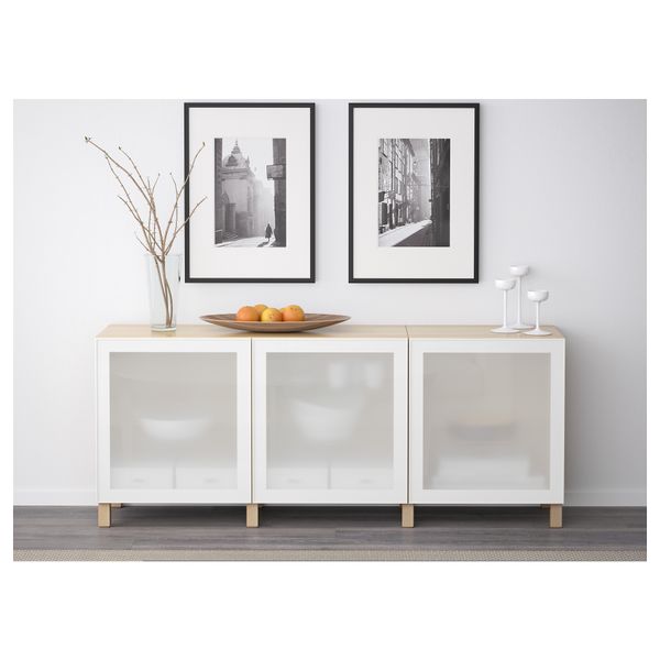 Комбинация для хранения с дверцами БЕСТО, под беленый дуб, Глассвик белый прозрачное стекло (180x40x74 см) - схема-чертеж с размерами