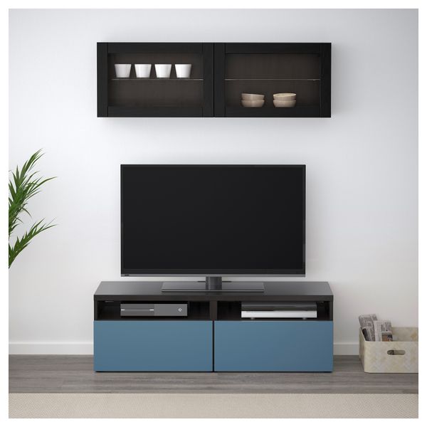 Шкаф для ТВ, комбинированный, стекляные дверцы БЕСТО, черно-коричневый Вальвикен, темно-синий прозрачное стекло (120x20/40x166 - фото 3