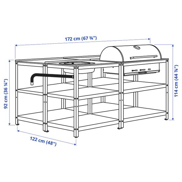 Кухонная мойка/угольн гриль,д/улицы, нержавеющая сталь 172x122 см IKEA GRILLSKÄR ГРИЛЛЬСКЭР 494.003.94 - схема-чертеж с размерами