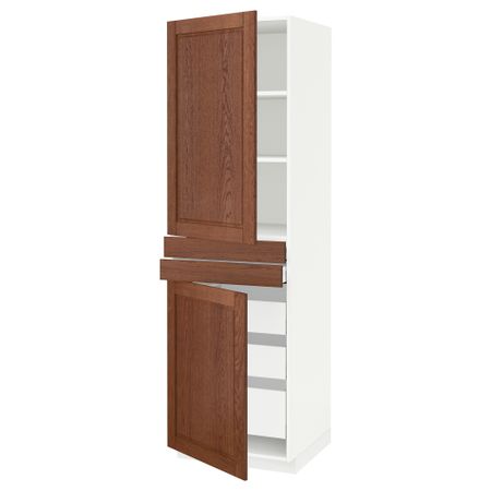 Высокий шкаф + полки, 5 ящиков, 2 дверцы, 2 фронтальных МЕТОД / МАКСИМЕРА, белый, Филипстад коричневый