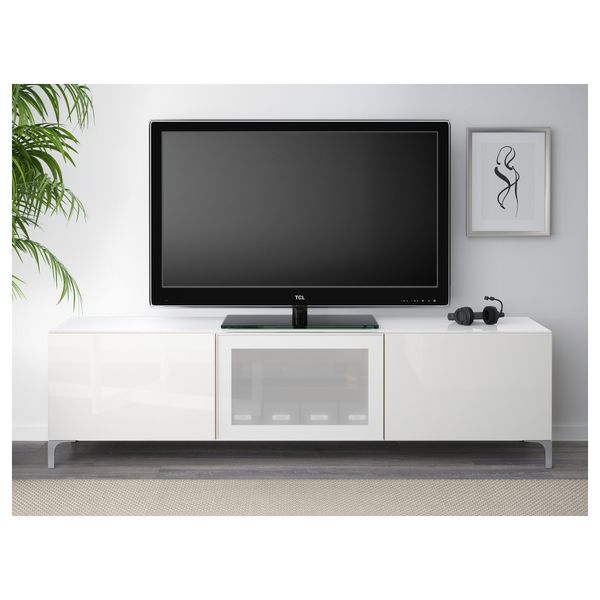 Тумба под ТВ, с дверцами БЕСТО, под беленый дуб, Сельсвикен глянцевый/белый матовое стекло (180x40x38 см) - схема-чертеж с размерами