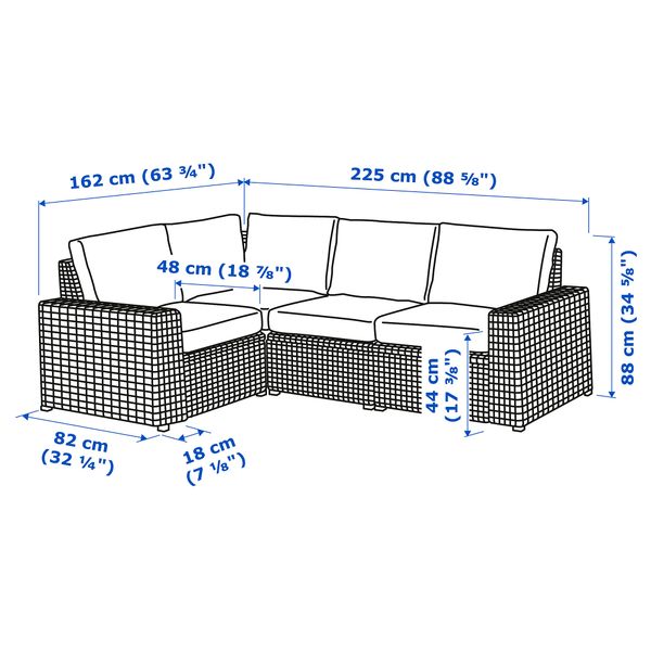 Модульный Угловой 3-местный диван, садовый IKEA SOLLERÖN СОЛЛЕРОН 392.877.89 - схема-чертеж с размерами