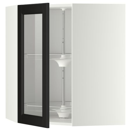 Угловой навесной шкаф с вращающающейся секцией, стеклянными дверцами МЕТОД, белый, Лаксарби черно-коричневый