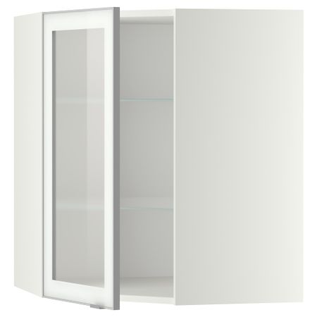Угловой навесной шкаф с полками, стекляными дверцами МЕТОД, белый, Ютис матовое стекло