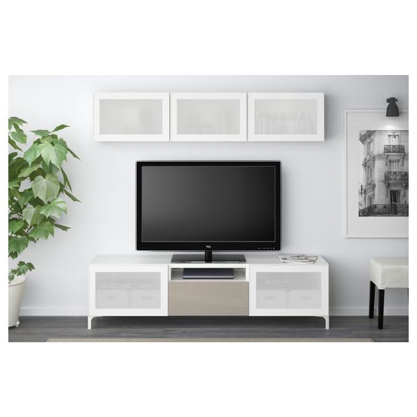 Шкаф для ТВ, комбинированный, стекляные дверцы БЕСТО, белый, Сельсвикен глянцевый/бежевый матовое стекло (180x20/40x166 см) - фото 2