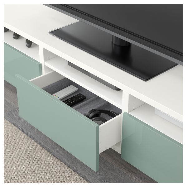 Тумба для ТВ с ящиками БЕСТО, белый, Сельсвикен глянцевый/серо-зеленый светлый (180x40x48 см) - фото 3