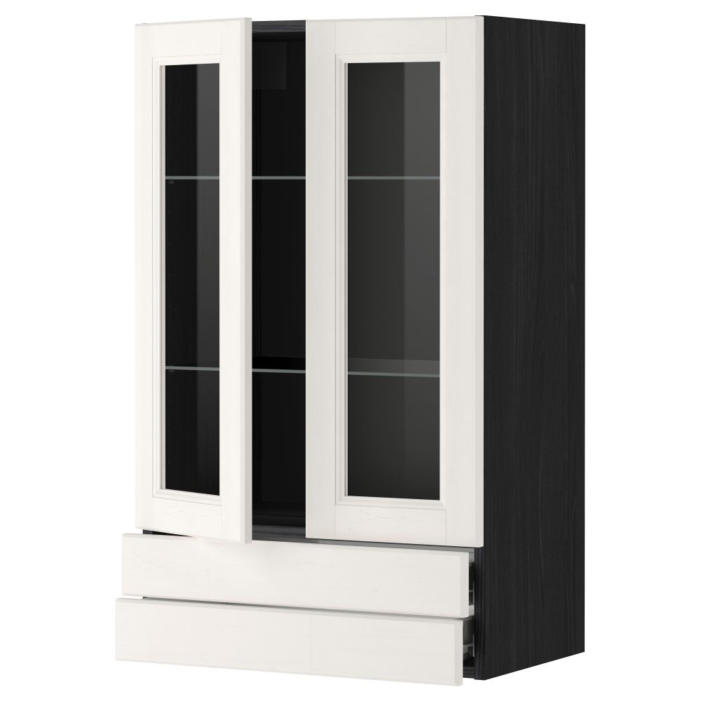 Навесной шкаф, 2 стеклянные дверцы, 2 ящика МЕТОД / ФОРВАРА, черный, Лаксарби белый - фото 1