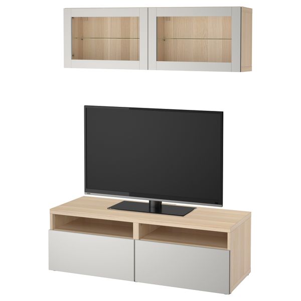 Шкаф для ТВ, комбинированный, стекляные дверцы БЕСТО, под беленый дуб Лаппвикен, светло-серый прозрачное стекло (120x20/40x166 - фото 1