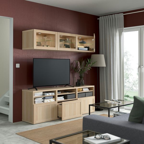 Комбинация для ТВ/стеклянные дверцы, под беленый дуб Синдвик/Ханвикен под беленый дуб, прозрачное стелко 180x42x192 см IKEA - фото 2