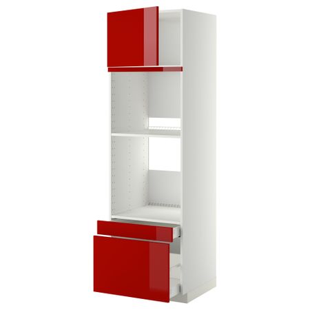 Высокий шкаф для духовки комбинированный, духовка + дверца, 2 ящика МЕТОД / МАКСИМЕРА, белый, Рингульт красный