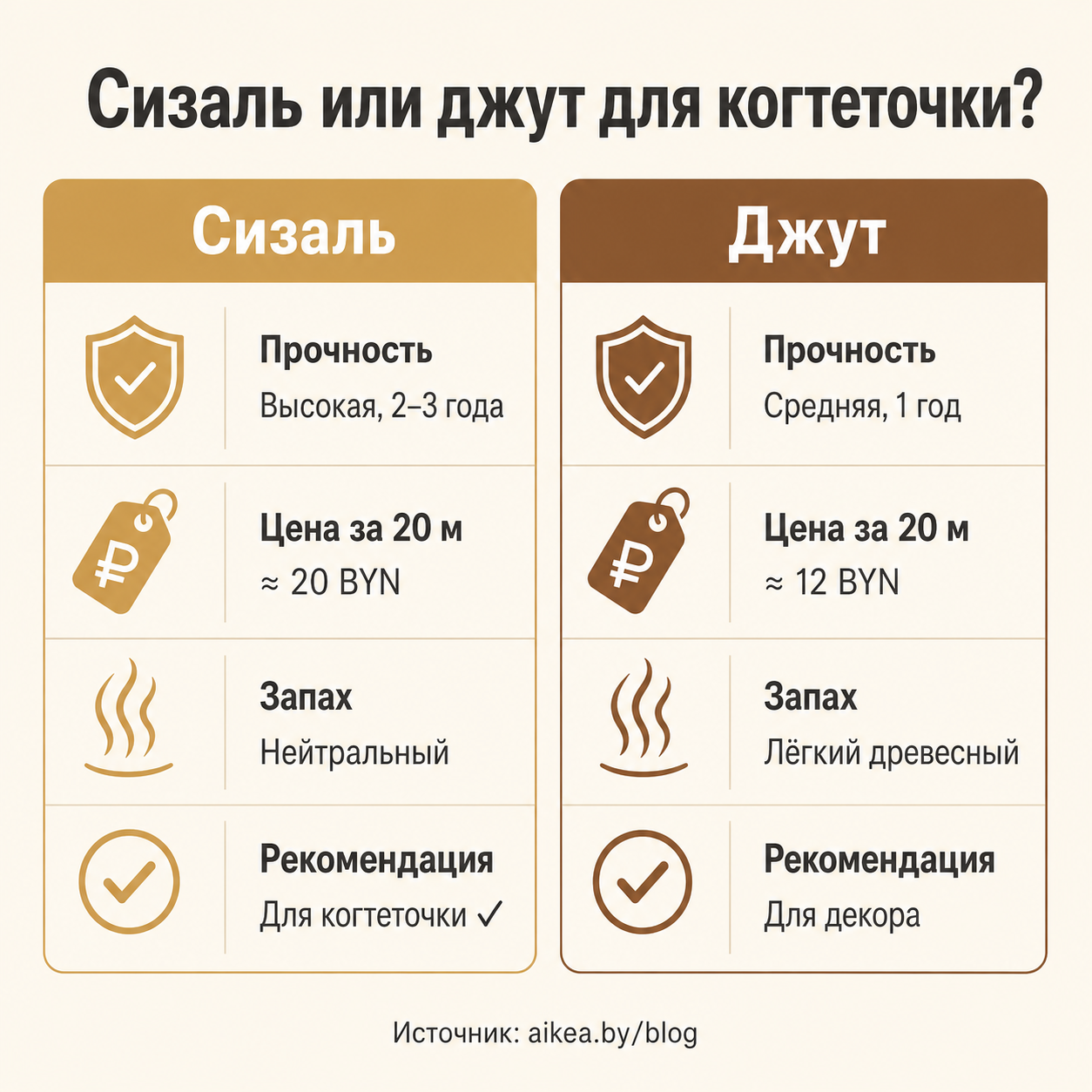 Инфографика: сравнение сизаля и джута для когтеточки по прочности, цене и запаху