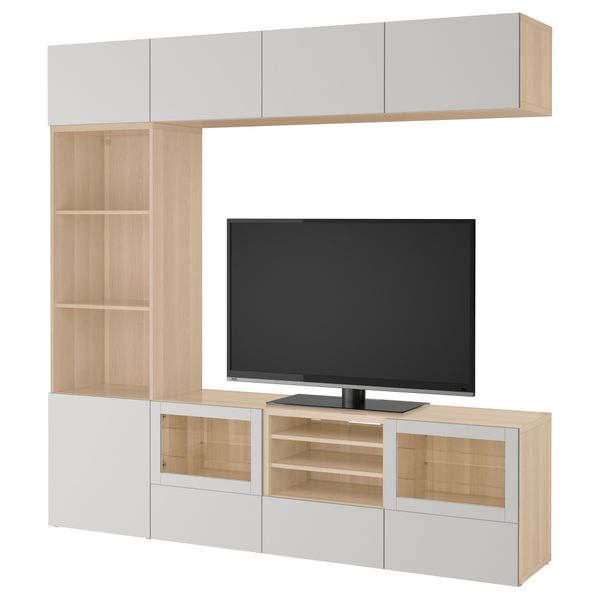 Шкаф для ТВ, комбинированный, стекляные дверцы БЕСТО, под беленый дуб, Лаппвикен светло-серый прозрачное стекло (240x40x230 см) - фото 1