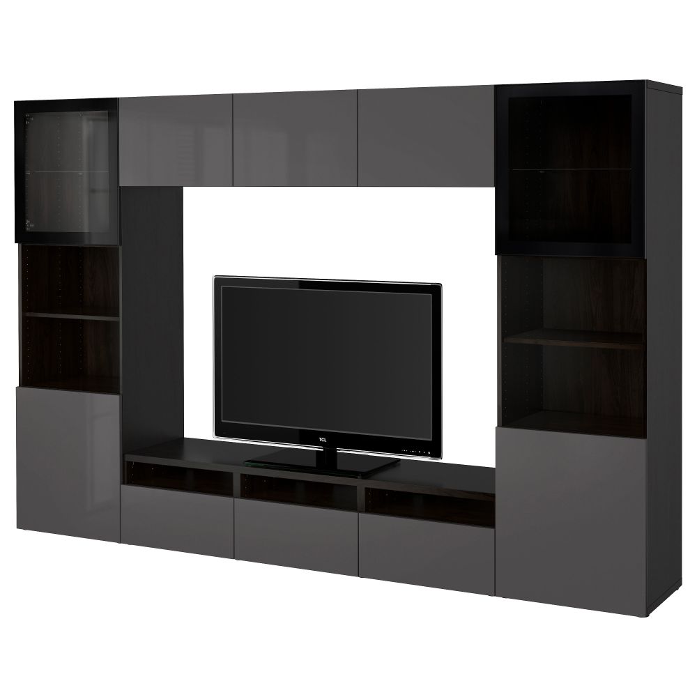 Шкаф для ТВ, комбинированный, стекляные дверцы БЕСТО, черно-коричневый, Сельсвикен глянцевый/серый прозрачное стекло (300x40x192 - фото 1