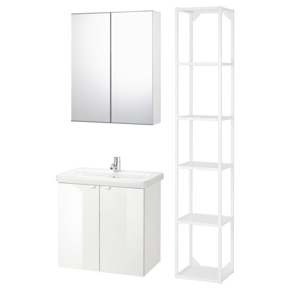 Комплект мебели для ванной,7 предм., глянцевый белый/ПИЛКОН смеситель 64x43x65 см IKEA FISKÅN ФИСКОН / TVÄLLEN ТВЭЛЛЕН - фото 1