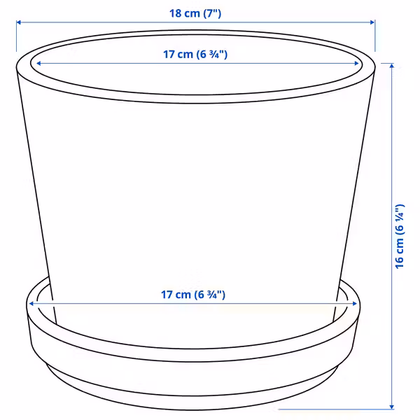 BRUNBÄR БРУНБЭР Горшок цветочный с поддоном - для сада терракота 15 см - схема-чертеж с размерами