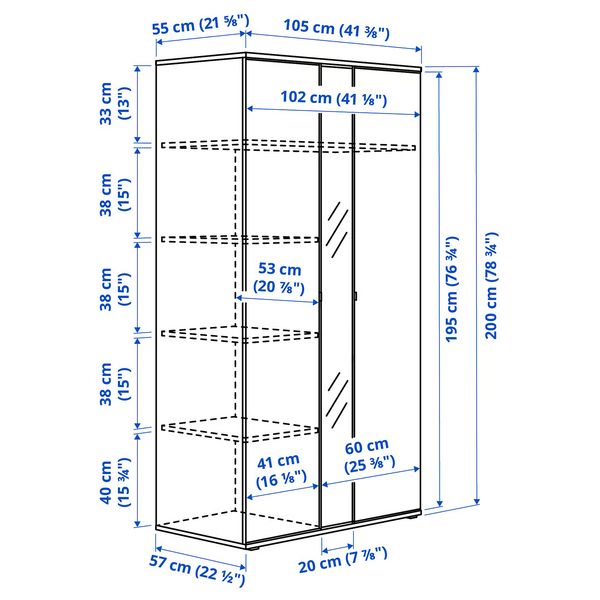 VIHALS Гардероб 2-дверный - белый 105x57x200 см - схема-чертеж с размерами