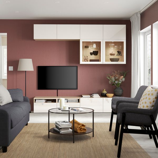 Шкаф для ТВ, комбинированный, стекляные дверцы, под беленый дуб/Сельсвикен глянцевый, белый прозрачное стекло 240x42x231 см IKEA - фото 3