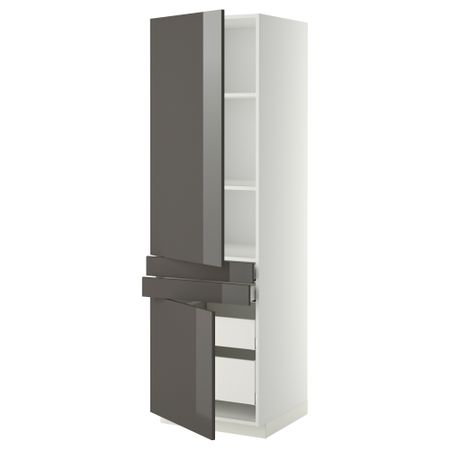 Высокий шкаф + полки, 4 ящик, 2 двери, 2 фронтальные МЕТОД / МАКСИМЕРА, белый, Рингульт серый (60x60x200 см)