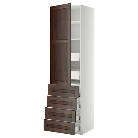 Высокий шкаф с полками/6 ящик, дверцами, 4 фронтальные панели МЕТОД / МАКСИМЕРА, белый, Эдсерум коричневый