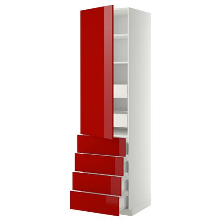 Высокий шкаф с полками/6 ящик, дверцами, 4 фронтальные панели МЕТОД / ФОРВАРА, белый, Рингульт красный