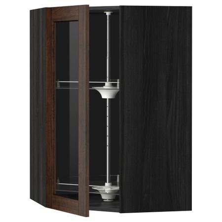 Угловой навесной шкаф с вращающающейся секцией, стеклянными дверцами МЕТОД, черный, Эдсерум коричневый