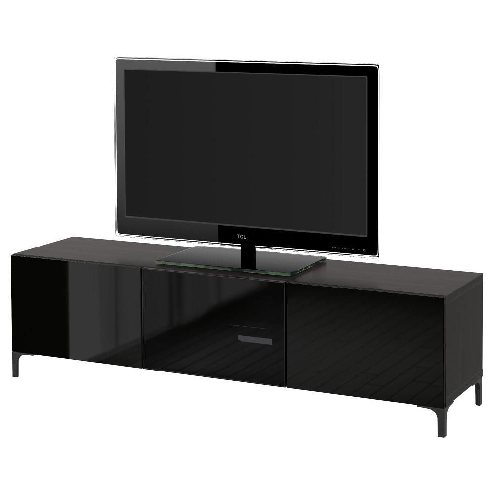 Тумба под ТВ с ящиками и дверцей БЕСТО, черно-коричневый, Сельсвикен глянцевый/черный дымчатое стекло (180x40x48 см) - фото 1