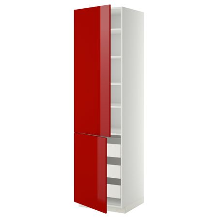 Высокий шкаф + полки, 3 ящика, 2 дверцы МЕТОД / ФОРВАРА, белый, Рингульт красный