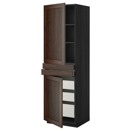 Высокий шкаф + полки, 5 ящиков, 2 дверцы, 2 фронтальных МЕТОД / МАКСИМЕРА, черный, Эдсерум коричневый