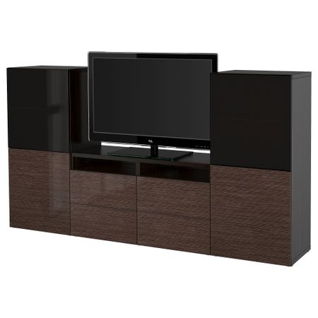Шкаф для ТВ, комбинированный, стекляные дверцы БЕСТО, черно-коричневый, Сельсвикен глянцевый/коричневый дымчат стекло