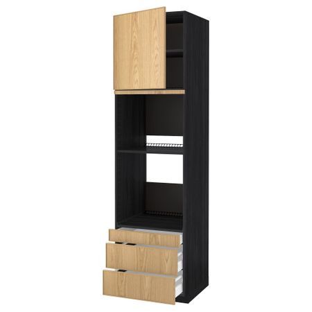 Высокий шкаф для духовки комбинированный, духовка + дверца, 3 ящика МЕТОД / МАКСИМЕРА, черный, Экестад дуб